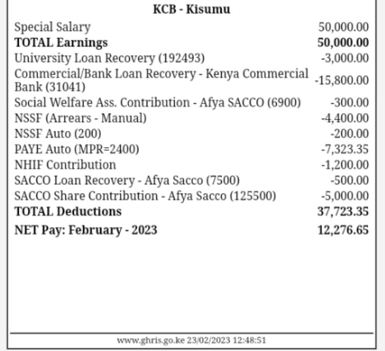 uhckenya254's tweet photo. Some of the UHC staffs payslips as of february 2023.
Working as a UHC staff in kenya is one of the 1000 ways to die.
We shall not relent in the quest to persuade the government to employ the UHC staffs on PNP.
Its their employment right! 
#pnpforuhchealthcareworkers
#uhckenya https://t.co/uoAsBmXEnB
