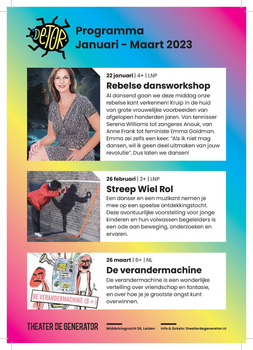 0jitske0's tweet photo. Wist je dat Theater en Productiehuis De Generator een ontzettend leuk jeugdtheaterprogramma heeft? Aanstaande zondag kunnen de kleine theaterliefhebbers kijken en meedoen met Streep Wiel Rol, een ode aan beweging, onderzoeken en ervaren. Tickets: https://t.co/rkEEgq9yzN https://t.co/Cg4bmlqucS