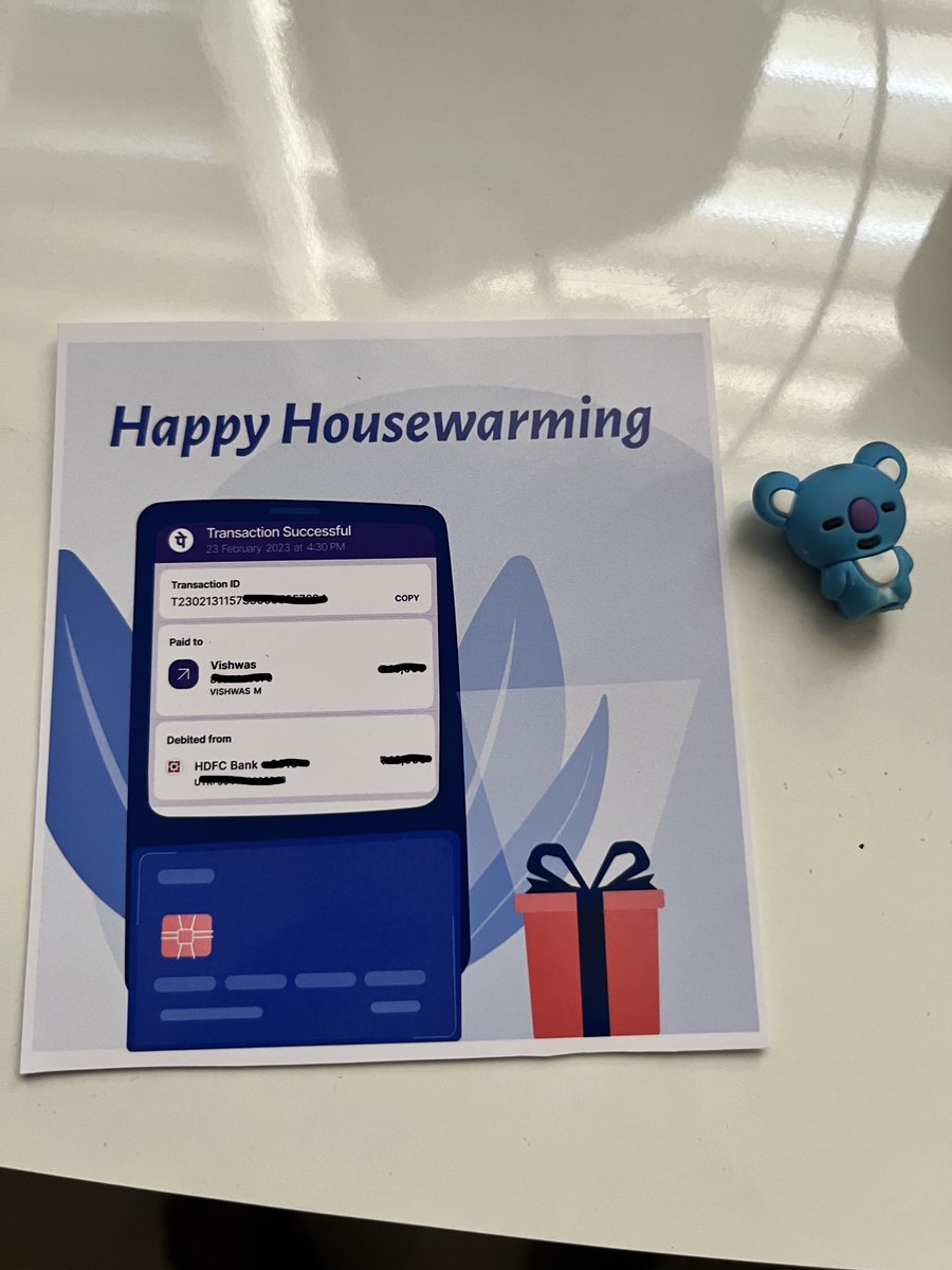 prashanth's tweet photo. Didn't have the time to get the cash from the ATM for my cousin's housewarming as a gift. So made a card out of the @PhonePe transaction screenshot!

Thanks, @Rak5hithshetty, for the design help! https://t.co/IAFMKykdi8