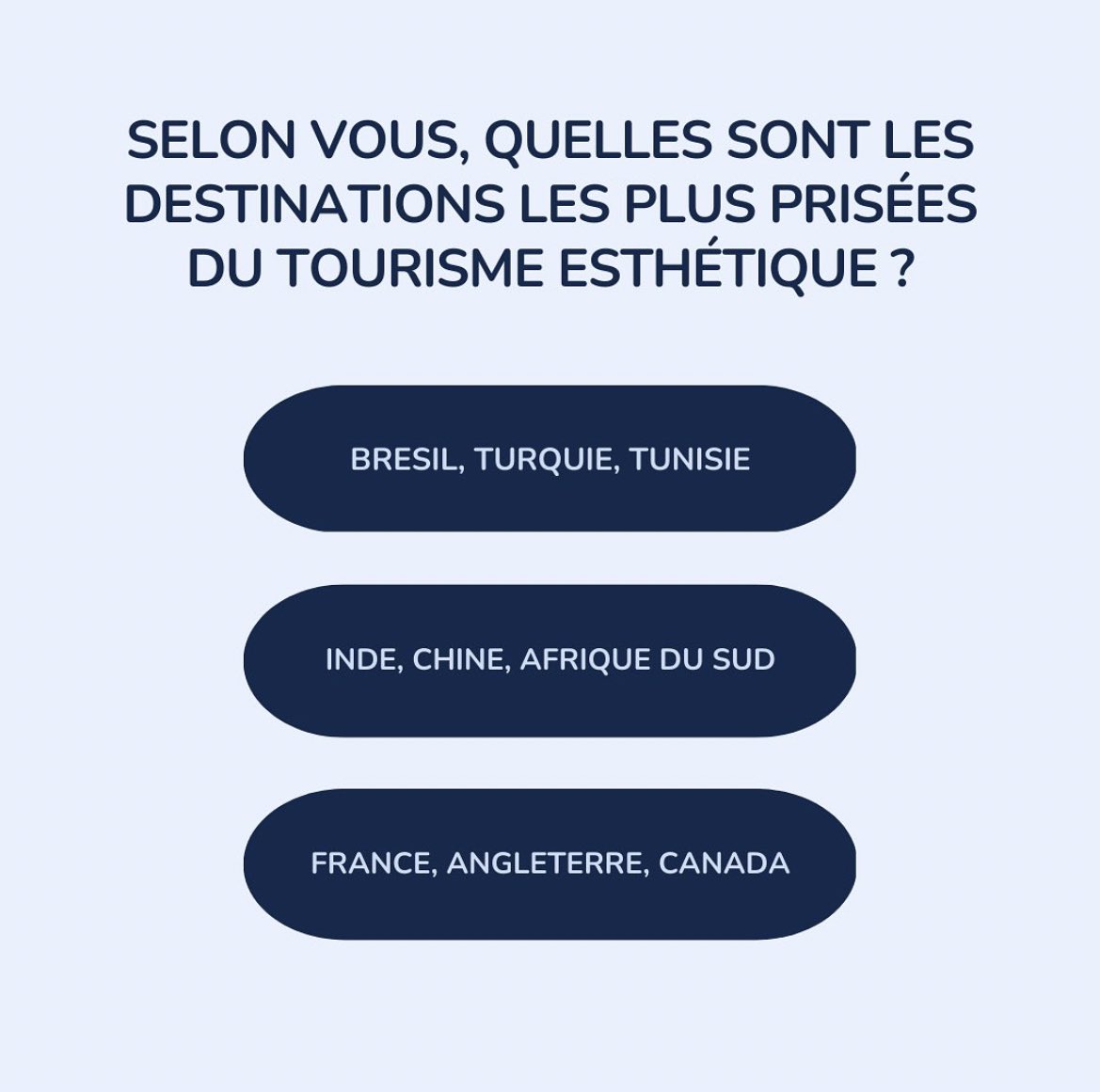 ✈️Le tourisme esthétique est devenu une alternative pour ceux qui souhaitent améliorer leur apparence physique à prix réduit. 

✨Selon vous, quelles sont les destinations les plus prisées ?
#tourismeesthétique #tourismemedical
#chirurgieplastique #chirurgieesthetique