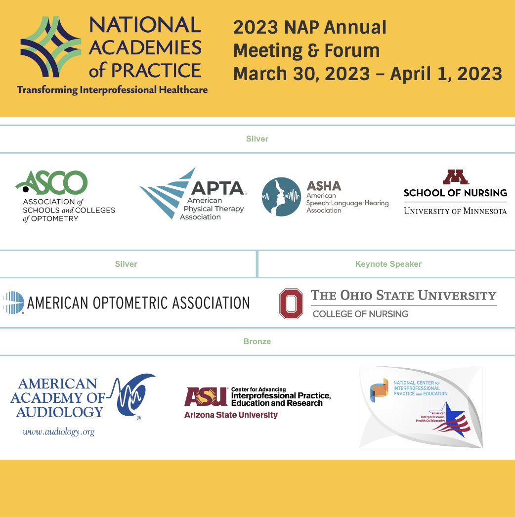 asucaiper's tweet photo. Proud to be in #collaborative company of @NAPractice #sponsors @nexusipe, @UMNNursing, @osunursing, @ASHAWeb, @APTAtweets, @OptometricED, @AOAConnect, @AcademyofAuD
for the #2023NAPForum!
#HumilityParadigm #BhEATLab #interprofessional #healthcare #IPP #IPCP #IPE #IPC https://t.co/rkofmNAd1p