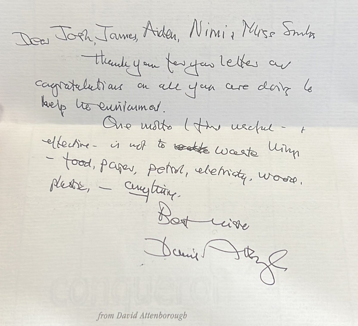 A huge well done to students from 9EN5! They amazed their English Teacher, Miss Smith, with their knowledge and passion on the topic of climate change. They sent a letter to Sir #DavidAttenborough  on steps to they're taking to save our planet, and he replied! #TCAproud