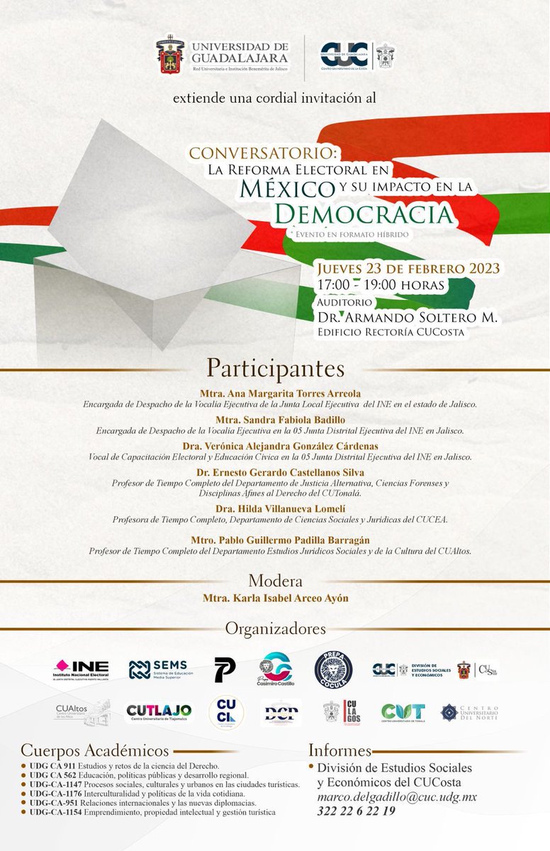 ¡Es hoy, es hoy!

Jueves 23 Feb | 17:00-19:00 hrs.
FB live: <a href="/CUCosta/">Centro Universitario de la Costa</a> 

<a href="/magdielgmg/">Magdiel Gómez</a> <a href="/betoarellano14/">Alberto Arellano</a> <a href="/Javier_Rosiles/">Javier Rosiles Salas</a> <a href="/jpnvela/">JUAN PABLO NAVARRETE VELA</a> <a href="/ContraReplicaMX/">ContraRéplica</a> <a href="/neyra_godoy/">Neyra GODOY</a> <a href="/MrkDelgadillo/">Marco Delgadillo</a> <a href="/Decisiones_MX/">Decisiones</a> <a href="/Okr_Gomez/">Oscar Gómez</a> <a href="/conco02/">Conrado Romo</a> <a href="/SergioTabares_/">SergioTabares Orozco</a> <a href="/mquevedo79/">Carmen Quevedo</a> <a href="/CienciaPolitica/">Hablemos de CIENCIA POLÍTICA</a> <a href="/Red_Alec/">ALEC</a> <a href="/CUCosta/">Centro Universitario de la Costa</a>