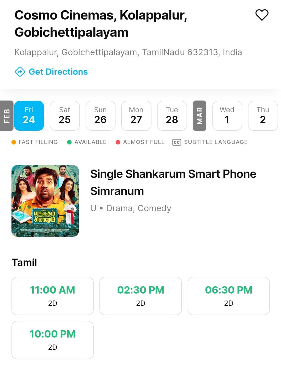 #SingleShankarumSmartphoneSimranum
Bookings open @KolappalurCosmo A/C 2K DOLBY 7.1

Show begins @ 11:00 AM | 02:30 PM | 06:30 PM | 10:00 PM

TICKET PRICE Rs.100/-

Online @Paytm @TicketNew

@Haricosmo
@actorshiva @akash_megha @AnjuKurian10 @larkstudios_ @11_11cinema @makapa_anand