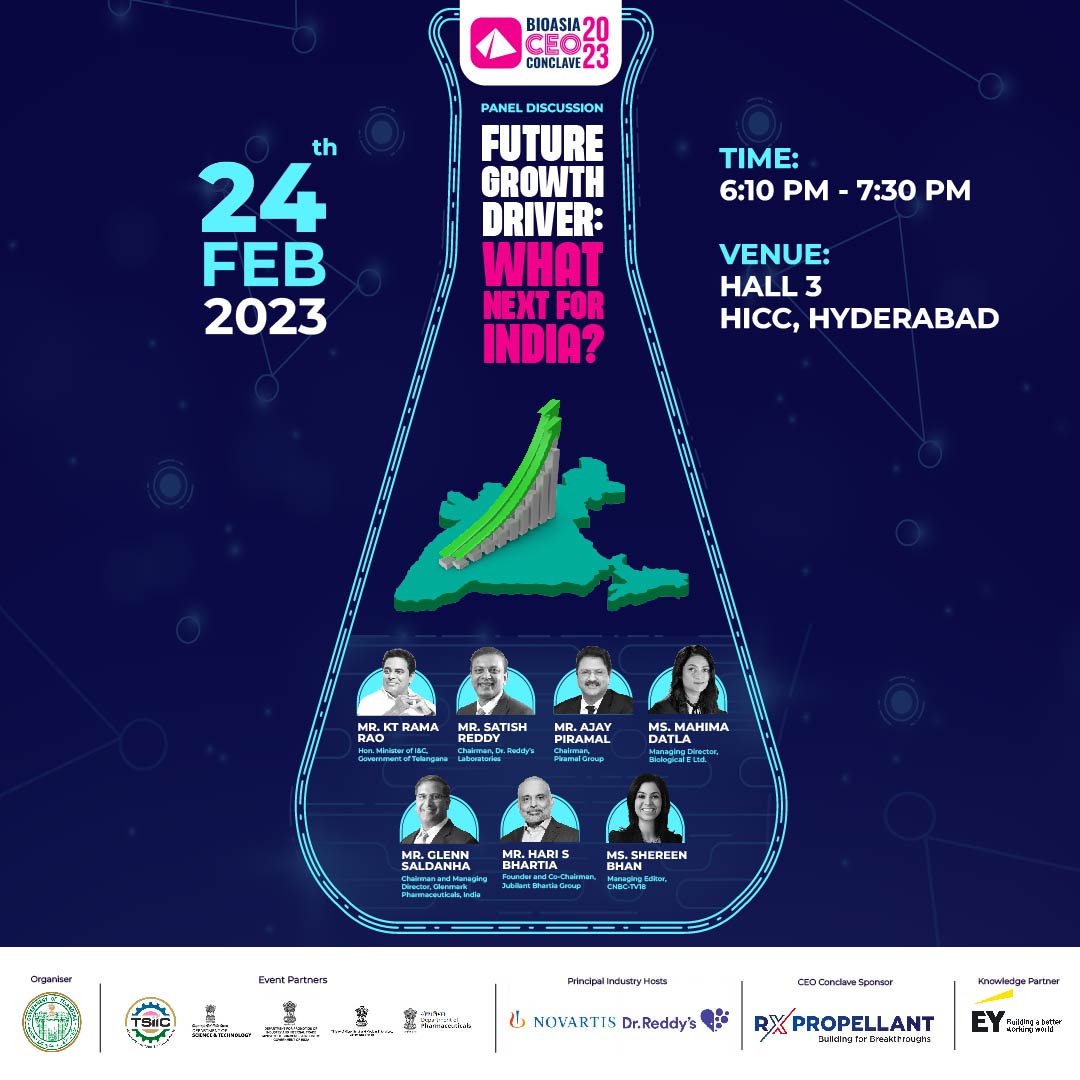 BioAsiaOfficial's tweet photo. Get ready for the biggest &amp; most insightful CEO conclave yet! Join global visionary leaders as they discuss India's future growth driver at #BioAsia2023 Feb 24th at HICC #Hyderabad
@MinisterKTR @satishkreddy @ShereenBhan @CNBCTV18News 
#20YearsofBioAsia https://t.co/DR3L6Ij5ER