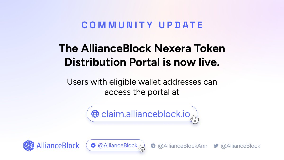 The AlllianceBlock Nexera Token Distribution Portal is now live at claim.allianceblock.io