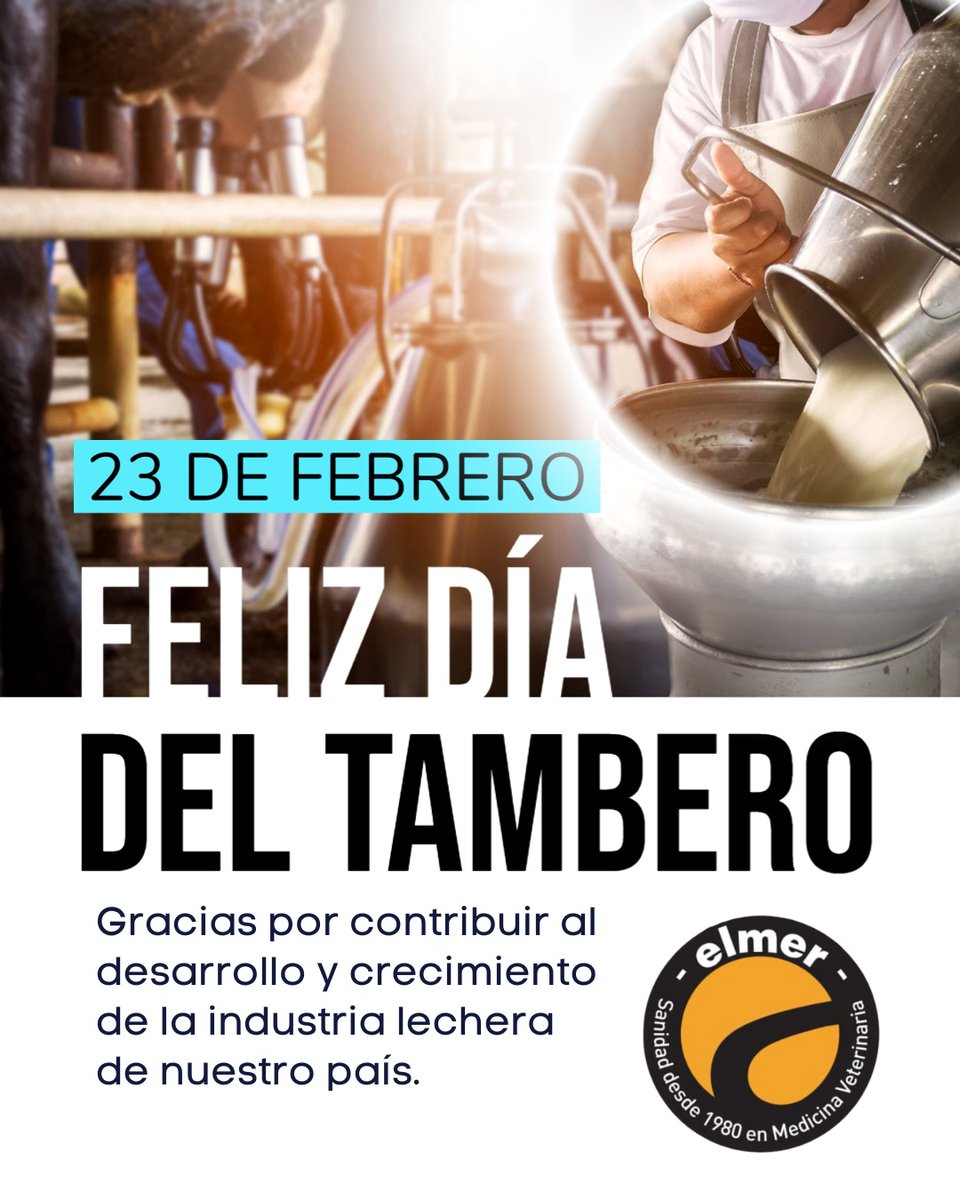Elmer_Vet's tweet photo. Hoy 23 de febrero se celebra el Día del Tambero en Argentina. La fecha reconoce el trabajo de todos los profesionales que con su labor, contribuyen al desarrollo de una industria histórica en nuestro país.

Feliz día!!!

https://t.co/yzcQWYdngr

#laboratorioelmer #díadeltambero https://t.co/Q2cfG5khze