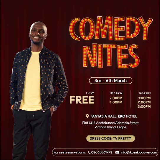 ochipaedia's tweet photo. Comedy Nites is back. Holler at the number or email if youβd like to attend for free.
#ComedyNites
#FreeFun
#IkOsakioduwa
#AlwaysOnTime https://t.co/ouqcAtFetQ