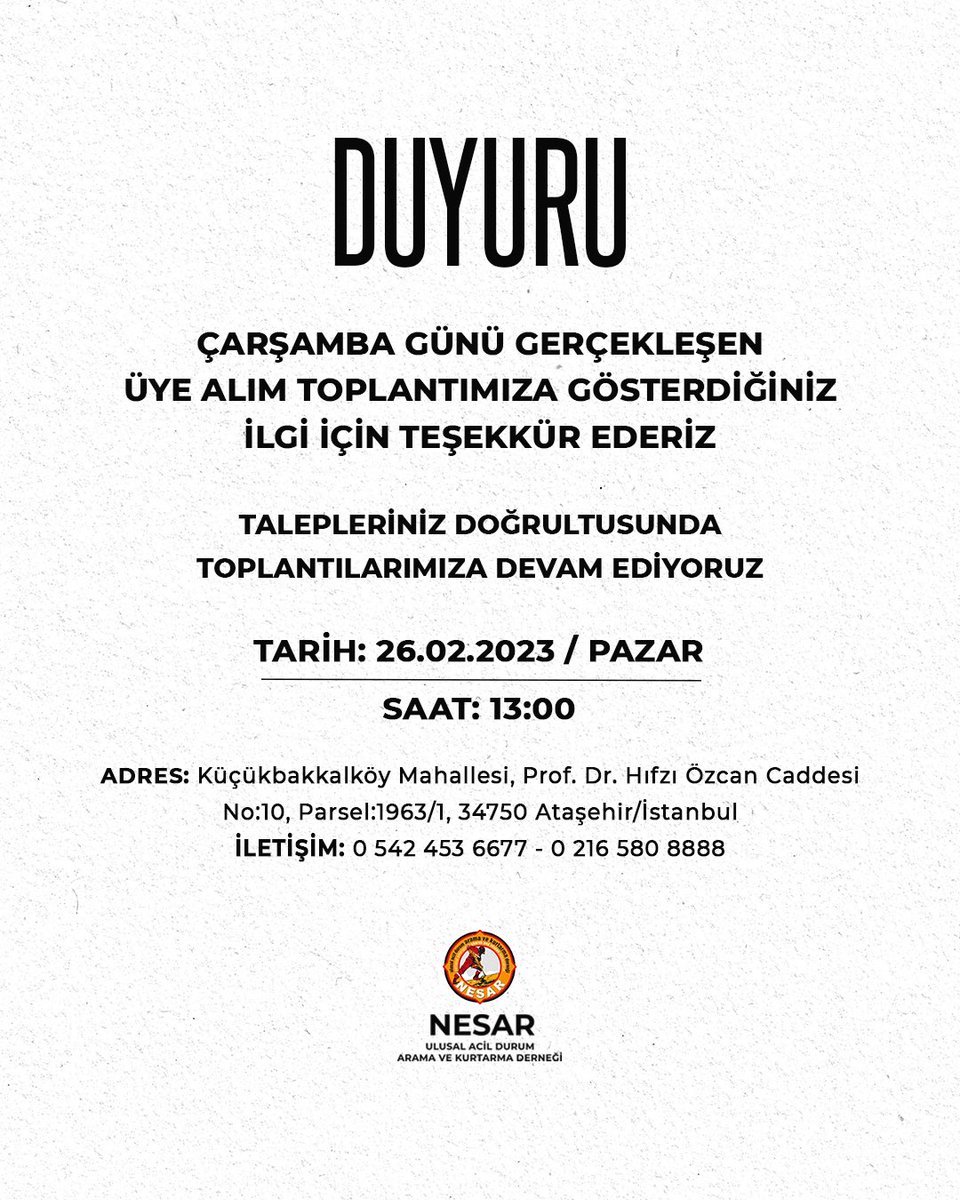 NESAR_SAR's tweet photo. Gönüllü Olmak İsteyen Herkesi Bekliyoruz !

#nesar #sar #aramakurtarma 
#deprem #afet #rescue
#searchandrescue #usar #association #paramedic #volunteer https://t.co/zVrKLScZft