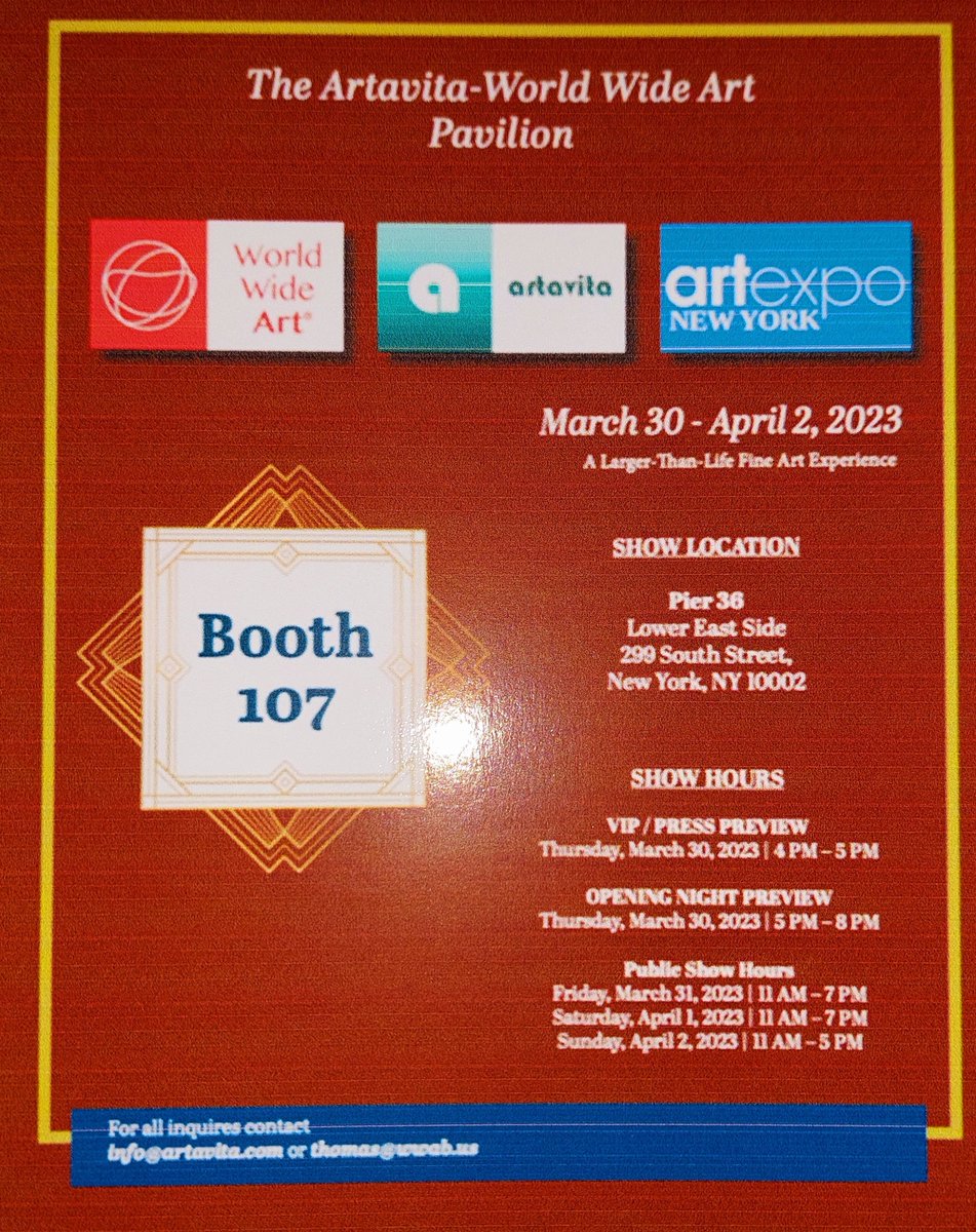 hool_w's tweet photo. Artexpo New York Art Fair, March 30,- April 2,2023
Exhibition within the World Wide Art &amp; Artavita
The Artavita - World Wide Art Pavilion SHOW LOCATION: Pier 36. Lower East Side 299 South Street, New York, NY 10002. https://t.co/E5ubTfIaTg