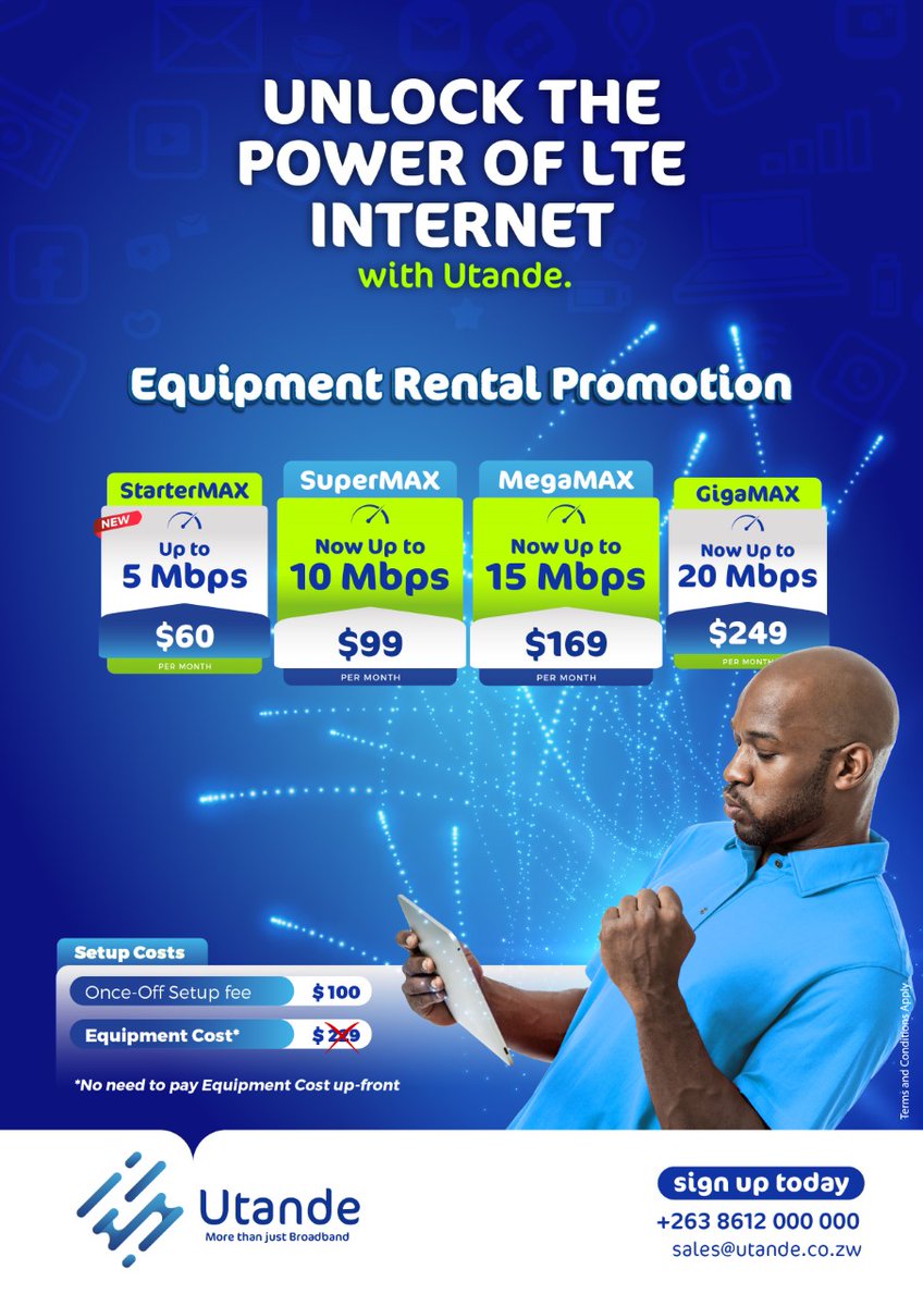 utandezw's tweet photo. Unlock the power of LTE internet with Utande. Email sales@utande.co.zw to sign up today.
#Utande
#MoreThanJustBroadband https://t.co/zmmmNzeece
