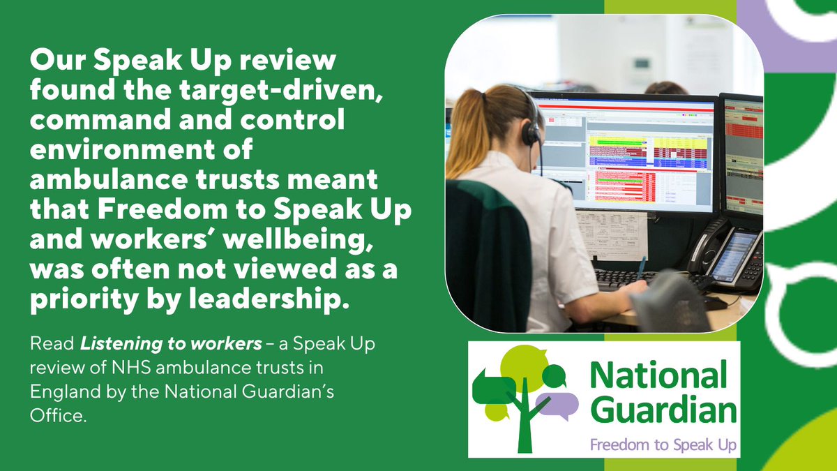 NatGuardianFTSU's tweet photo. Our Speak Up Review found found that the culture in ambulance trusts did not support workers to speak up – this was having an impact on worker wellbeing and ultimately patient safety.

#SpeakUpReview #FTSUforEveryone

https://t.co/YKPU5mKPwp https://t.co/awph9Kkj7z