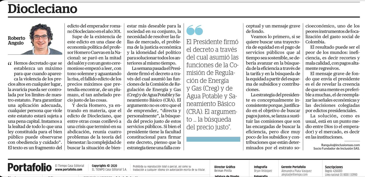 RobertoAnguloS's tweet photo. "Diocleciano"

Una columna sobre el mensaje de fondo que envía el decreto donde el Presidente asume las funciones de la CREG y de la CRA.

Los invito a leerla en @Portafolioco.
https://t.co/YOGccNDnxs https://t.co/lUrSyR2qdp