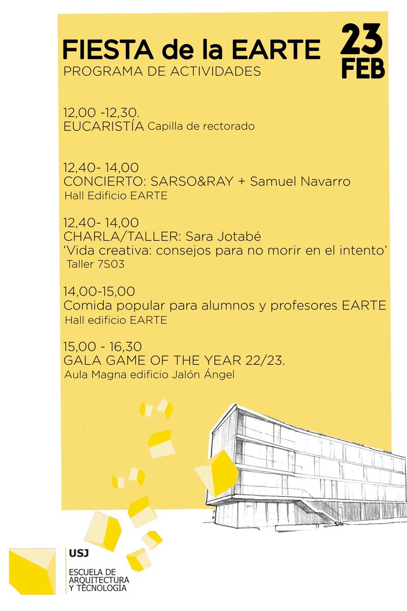 ArquitecturaUSJ's tweet photo. En breve y dentro de las actividades de la #fiestadelaEARTE la charla/taller de @sarajotabe con consejos para no morir en el intento como creativos. Y después…¡Comida popular! #ArquitecturaUSJ #DiseñoUSJ #InformaticaUSJ #VideojuegosUSJ https://t.co/kx9pibdh2n