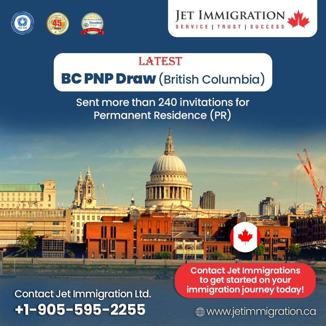 MONITPALSONI's tweet photo. Exciting news for aspiring immigrants! 
The BC PNP Draw has issued over 240 invitations for PR. 
Don't miss your chance.
Contact Jet Immigration today!
+1-905-595-2255 | https://t.co/tqI31fdhCN
#BCPNPDraw #ImmigrationCanada 
#BCPNP #PRInvites #JetImmigration https://t.co/j4npKJSTnZ