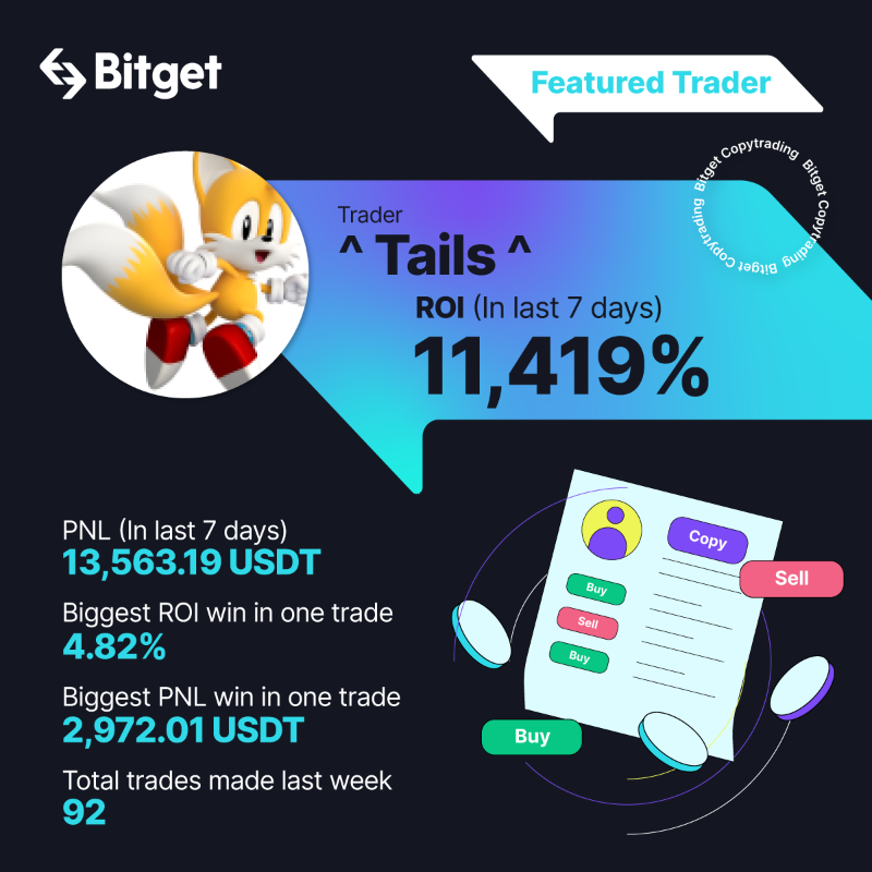 bitget's tweet photo. This week's featured #CopyTrading trader! 🐳

☑️ Start following '^ Tails ^' and other expert traders on #Bitget - https://t.co/VoYr8CJKnU