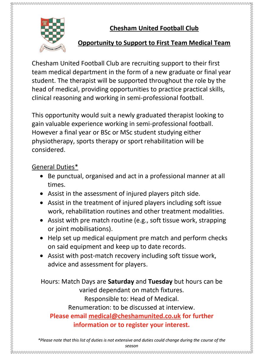 cheshamutdfc's tweet photo. 👜 Physio / Sports Therapist required!!

We are looking for a newly graduated or final year student to support our Head of Medical with first team responsibilities

Please share and if you are interested, please reach out to medical@cheshamunited.co.uk for more info https://t.co/FnPj87B4Rf