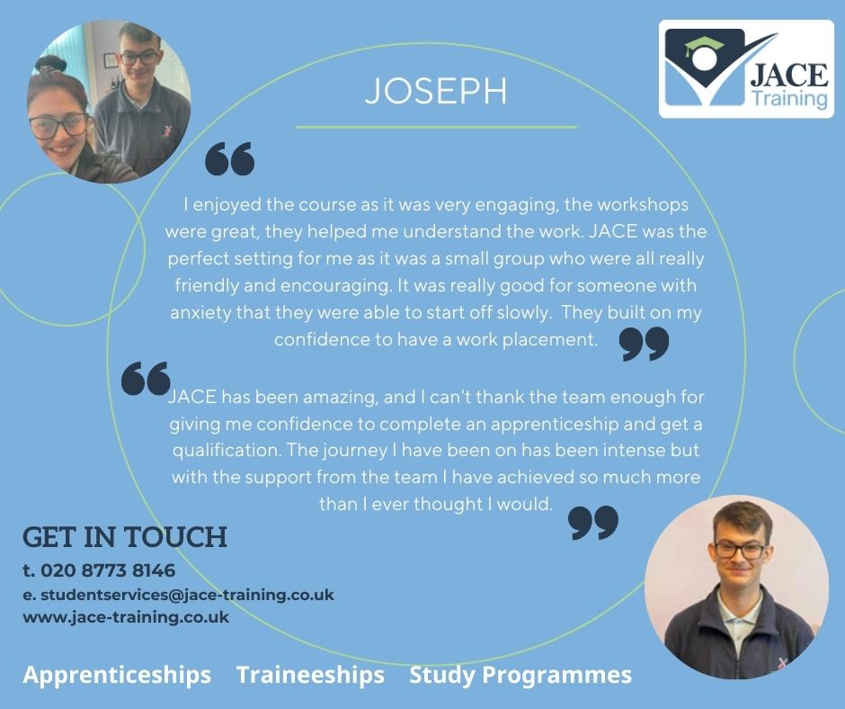 JACETraining's tweet image. We asked Joseph how he found his training from a Study Programme to an Apprenticeship.  Read about his journey with the Crawley JACE team and his employer - we are all very proud! #apprenticeship #studyprogramme #crawley #westsussex #welldone #career #student #college