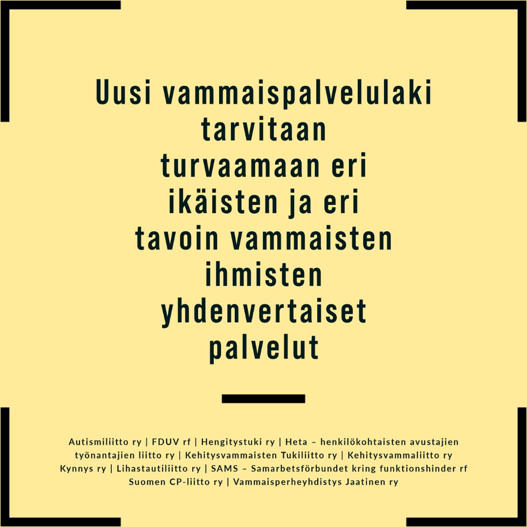 Uusi #vammaispalvelulaki turvaa yhdenvertaiset palvelut. Me ja 10 muuta vammaisjärjestöä vetoamme, että vammaispalvelulaki hyväksytään. <a href="/MarkusLohi/">Markus Lohi</a> @koponno <a href="/IlmariNurminen/">Ilmari Nurminen</a> <a href="/MiaLaiho/">Mia Laiho</a> <a href="/merjamakisalo/">Merja Mäkisalo-Ropponen</a> <a href="/rehnkivi/">Veronica Rehn-Kivi</a> <a href="/akpekonen/">Aino-Kaisa Pekonen</a> <a href="/paularisikko/">Paula Risikko</a>