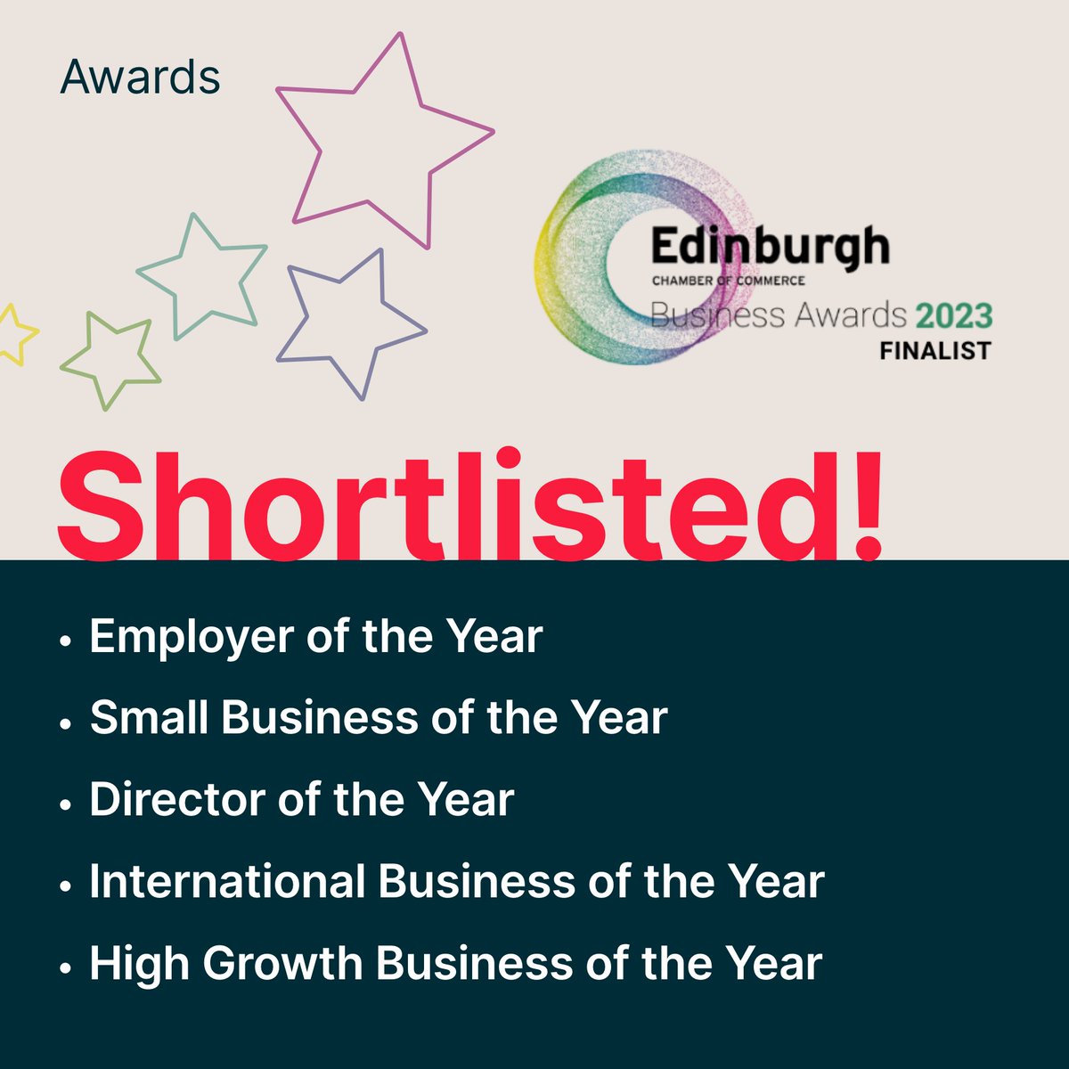 brandrationale's tweet photo. Five is the magic number for #TeamRationale!

We are over the moon to be shortlisted for FIVE awards at the @edinchamber Business Awards 2023.

Good luck to all the finalists and we look forward to the celebrations on the night!

#ECCAwards23 https://t.co/7iqQ5O28Rq