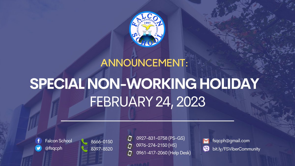 fsqcph's tweet photo. 𝗦𝗣𝗘𝗖𝗜𝗔𝗟 𝗡𝗢𝗡-𝗪𝗢𝗥𝗞𝗜𝗡𝗚 𝗛𝗢𝗟𝗜𝗗𝗔𝗬
FEBRUARY 24, 2023

Pursuant to Proclamation No. 167, s.2023, classes are suspended tomorrow, February 24, 2023, Friday, in light of President's declaration of the day as a special non-working day.

#NoClasses https://t.co/QU5KzcYa7e
