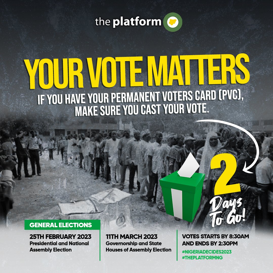pastorpoju's tweet image. 2 Days to go!

It is our duty as registered voters on election day to take our PVCs, get accredited at the polling units where our names are listed and cast our valid votes.

Right actions speak louder than mere words.

Vote!

#ThePlatformNG