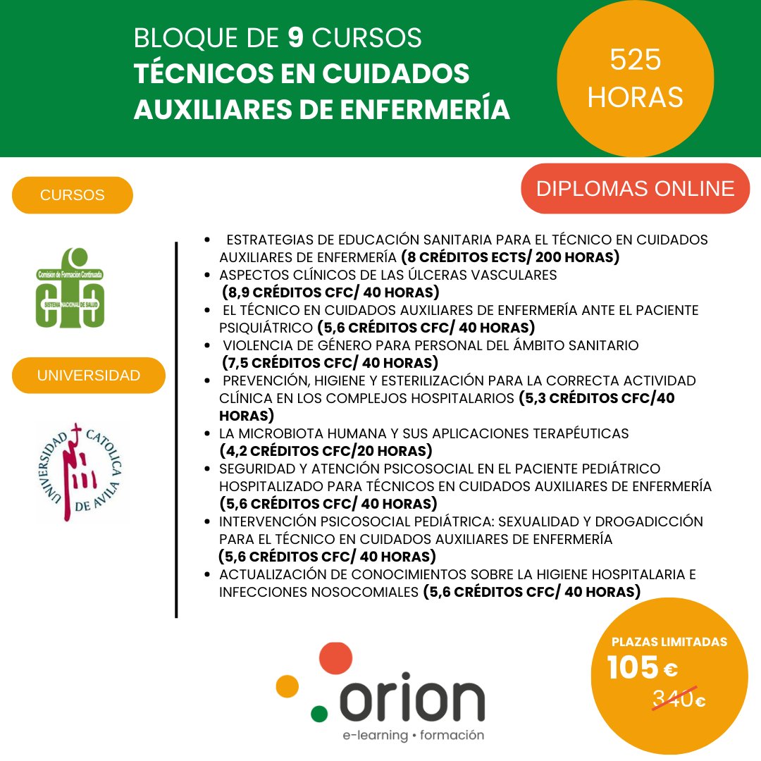 Prepárate para realizar tu formación favorita con nuestros cursos homologados 💊 Acumula créditos CFC y créditos universidad 🎓 ¡Ya puedes garantizar tu futuro con los 9 cursos para Técnico en Cuidados Auxiliares de Enfermería!
 #cursoshomologadosonline  #orion #CréditosCFC