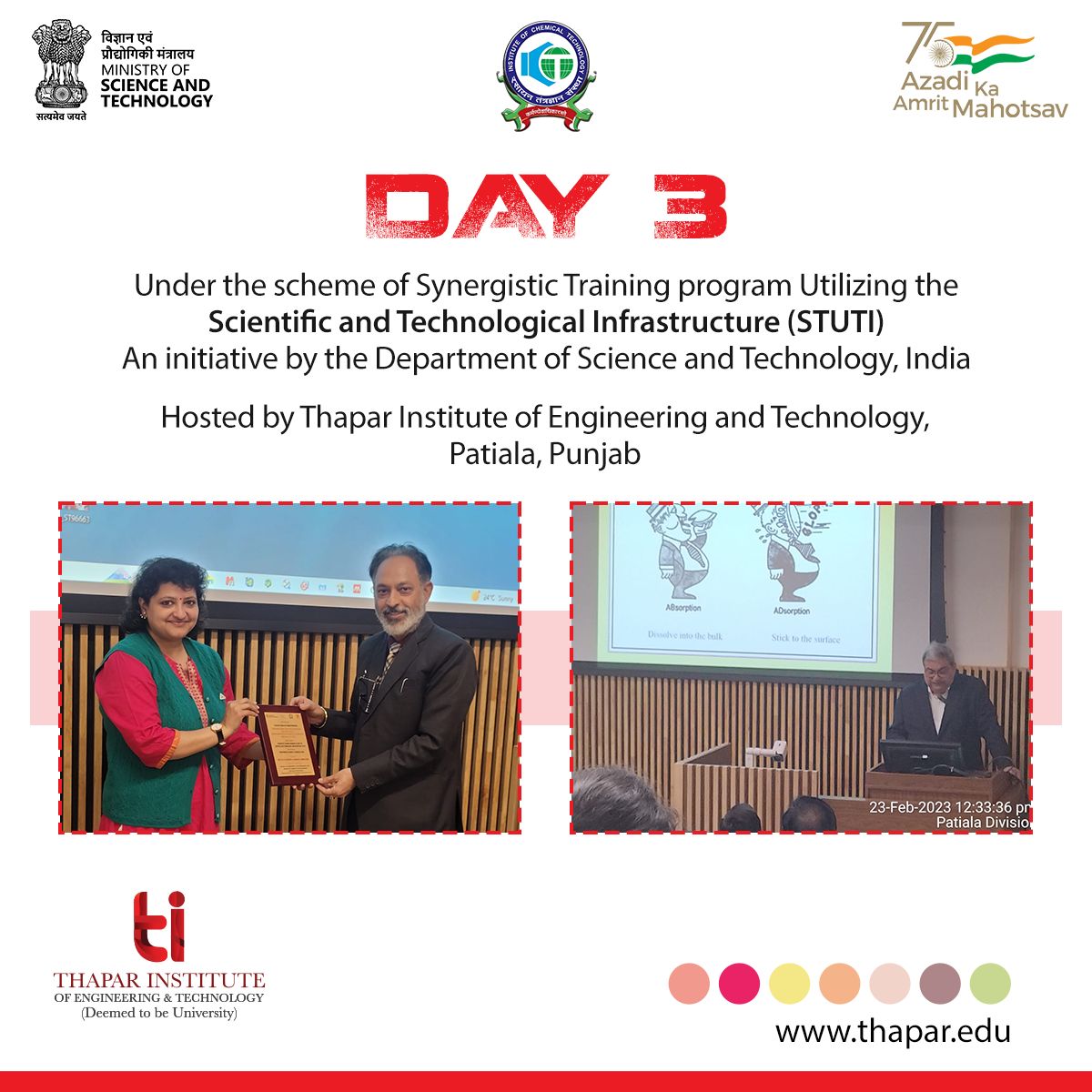 TIETofficial's tweet photo. It's a colourful Day-3 at Thapar Institute of Engineering and Technology with Chromatography as central theme for #DSTSTUTI
Speakers:
1. Prof. Inder Pal Singh ( NIPER Mohali)
2. Prof. Ashok Malik (Punjabi Univ, Patiala)
#TIET #ThaparInstitute #DSTSTUTIICT #ICT https://t.co/4L73aSS8Do