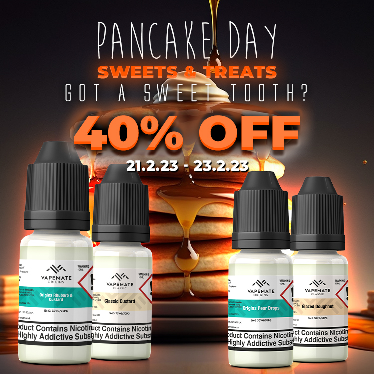 Get 40% off all Sweets + Treats flavoured e-liquids for Pancake Day 🥞😋

pulse.ly/gr64c7juc8

Offer ends TODAY! So be quick ⏰🏃‍♂️💨

VapeMate products may contain nicotine, only suitable for 18+
━━━━━━━━━━━━━━━
#vapefam #eliquid #vapesale #pancakeday #mardigras