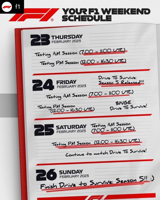 triplostint's tweet photo. Sem planos para o fim de semana?
Aqui está EL PLAN… #formula1
#F1
#formula1portugal
#F1naSPORTTV
#f1portugal
#F12023
#F1Testing https://t.co/Fco3FRs3T0