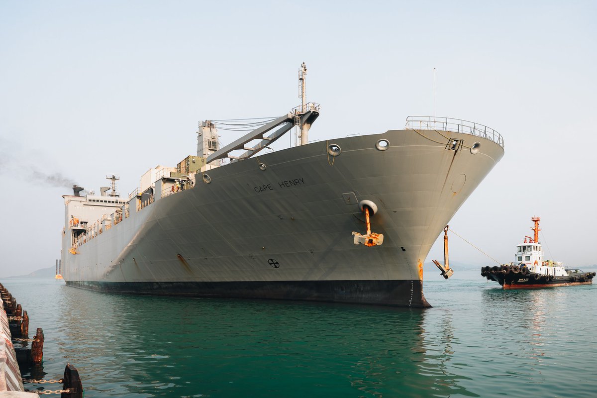 MV Cape Henry, a roll on / roll off cargo transport, arrives at Chuck Samet Port, Thailand, to begin off load operations of U.S. Army and USMC military equipment for Cobra Gold, Feb. 23, 2023. (U.S. Army photo by Staff Sgt. Cayce Watson).