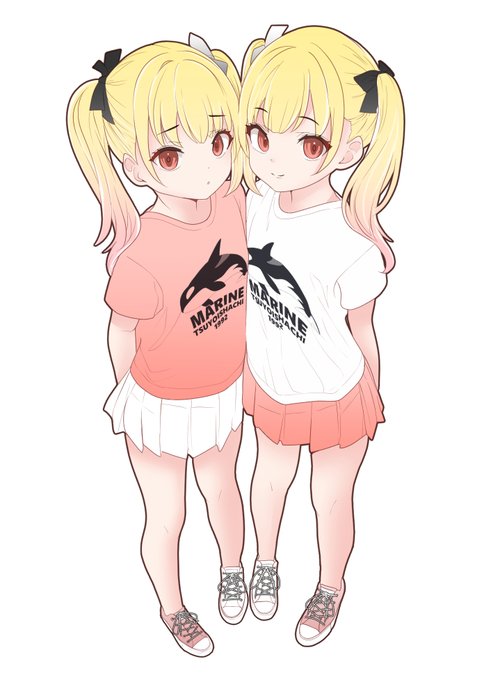 普段愛用しているスニーカーを片方だけ交換しちゃう双子ちゃん姉妹をシンプルな塗りで描きました。ある程度履いてから交換してほしい。姉妹でニオイを比べたいです。 