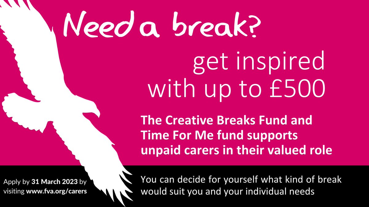 FifeVolAction's tweet photo. Do you know someone who looks after a friend or relative, who could benefit from a break? 

Unpaid adult &amp; young carers in Fife can get up to £500 to help them get a break from their caring commitments.

Visit https://t.co/tGPgBZiL4S for more info/to apply.

Apply by 31 March 23 https://t.co/x9uSvXJele