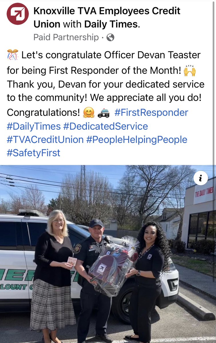 Look who was First Responder of the Month! Our very own SRO Officer Devan! We all know he’s the best and now everyone else does too! Congratulations Officer Devan— well deserved! 👮‍♂️ 
@BC_Schools <a href="/DailyTimes/">DailyTimes</a> <a href="/BcsoTN/">Blount County Sheriff's Office</a>