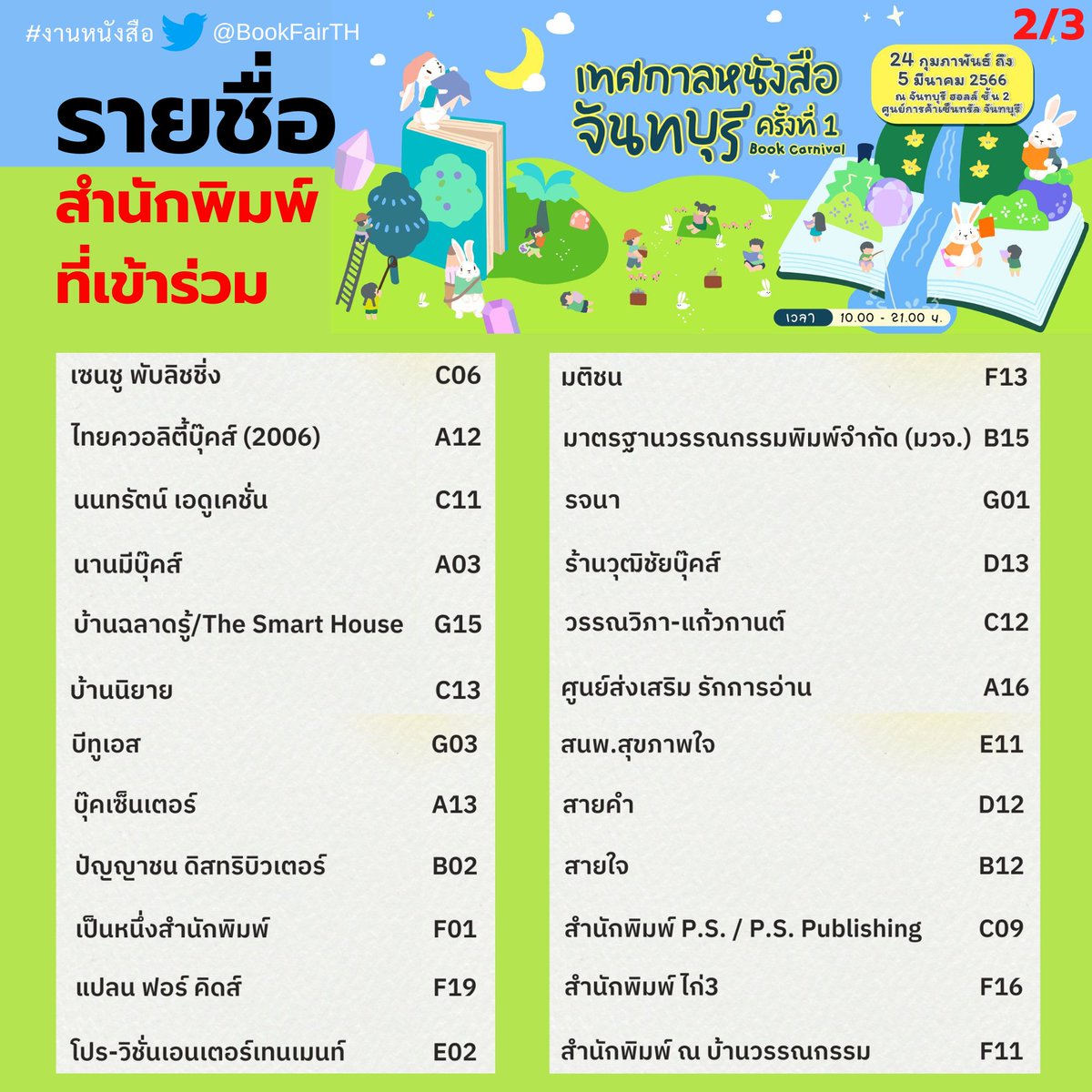 BookFairTH's tweet photo. เริ่มวันแรก🎉10โมงเช้า24กุมภา66
📚#เทศกาลหนังสือจันทบุรี ครั้งที่ 1
#ChanthaburiBookFestival2023
🗓24ก.พ.-5มี.ค.66
⏰️10.00-21.00น.📍จันทบุรี ฮอลล์
ชั้น 2 #เซ็นทรัลจันทบุรี
📚กว่า 60 สำนักพิมพ์
🙋‍♀️มีกิจกรรมน่าสนใจมากมาย 
นี่คือ #งานหนังสือ ใหญ่สุดแห่งปีของภาคตะวันออก #BookFairTH https://t.co/Ez8MsRHi1C