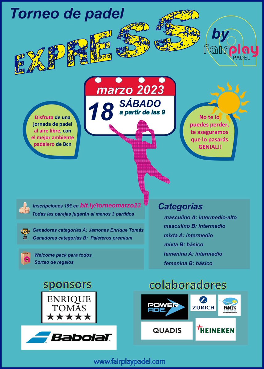 El sábado 18 de MARZO 👉 Llega un nuevo TORNEO EXPRESS by Fairplay‼️
Inscríbete en: bit.ly/torneomarzo23
Os garantizamos que lo pasaréis muy bien👍
fairplaypadel.com
#fairplaypadel #padel #padelbarcelona #padelfun #padeltime #lovepadel #torneoexpress #torneofairplay