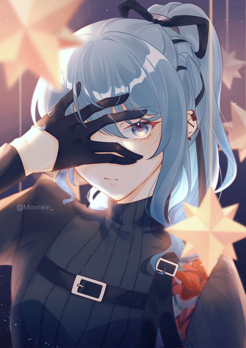 hoshimachi suisei 1girl blue hair gloves solo black gloves ponytail blue eyes  illustration images