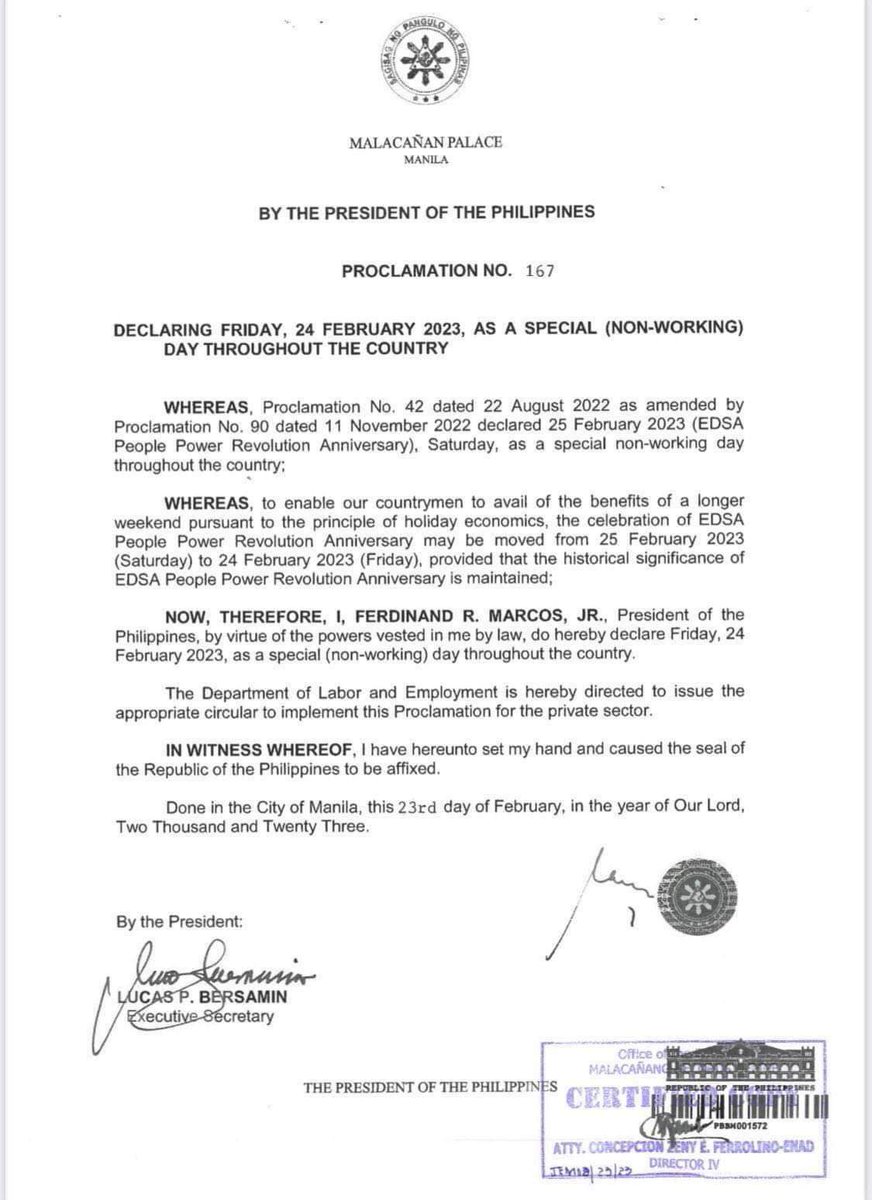 thepupcalsc's tweet photo. ADVISORY | MALACAรAN PALACE RELEASED PROCLAMATION NO. 167 DECLARING FEBRUARY 24, 2023, AS A SPECIAL NON-WORKING DAY THROUGHOUT THE COUNTRY.
IsKALar ng bayan, please be guided accordingly.
#PUPCALSC
#CALTintaLaya
#CALAalpasAtLalayag https://t.co/vtLOQ0p2Oh