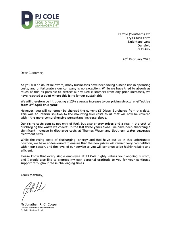 We have recently had to review our pricing structure and are making the following announcement (below). Please click the link/read the attached image to find out more. Thank you.
pjcole.com/documents/Pric…