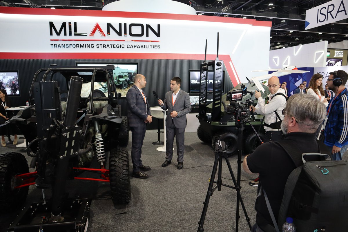 MilanionTech's tweet photo. Serbian National TV coverage from the MilanionTech stand at #IDEX2023 where the AGEMA #UGV @MSPWarbleFly Multi-Launcher, @MilanionNTGS Alakran S and AGEMA @SkylockSystems #CUAS are catching the eye of attendees and delegates.
#mortarsystem #counterdrone #loiteringmunition https://t.co/YyO9HFMjla
