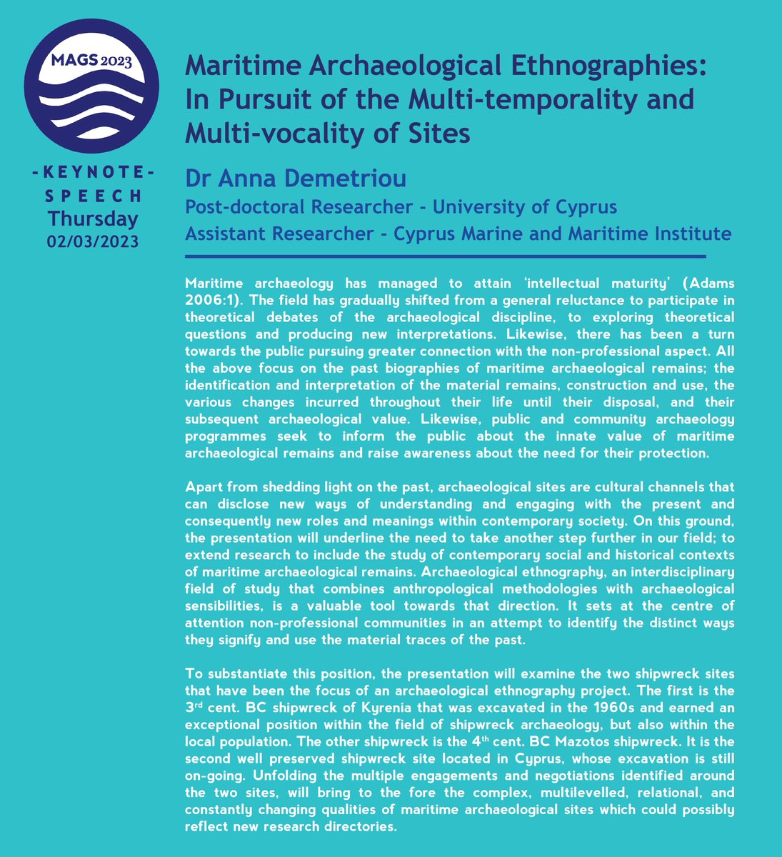 mags_symposium's tweet photo. 📌We are very happy to announce that Dr Anna Demetriou will be our keynote speaker for the #MAGS2023!📌

#graduatesymposium #maritimearchaeology #honorfrostfoundation #universityofcyprus https://t.co/BbAuwe4EhY