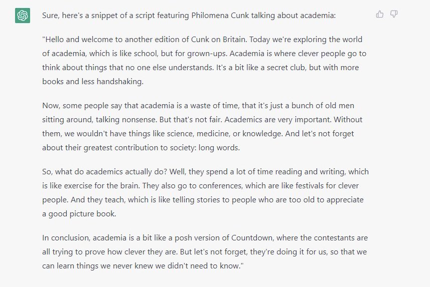Asked ChatGPT to describe academia in Philomena Cunk’s words, wasn’t disappointed 

#PhilomenaCunk #AcademicChatter