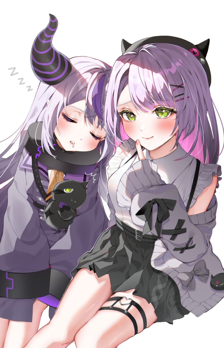 la+ darknesss ,tokoyami towa multiple girls 2girls purple hair sleeping horns zzz green eyes  illustration images