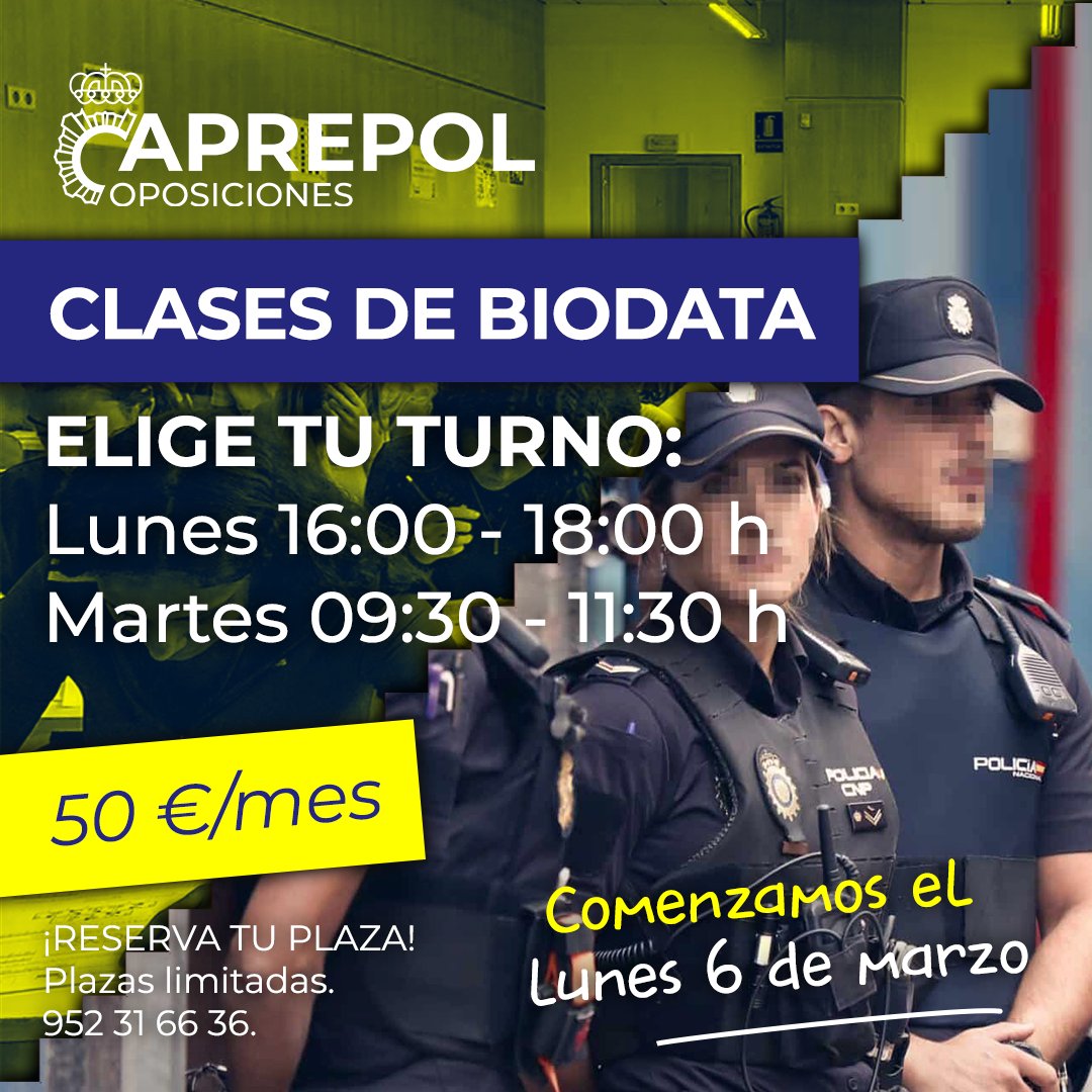Aprepol's tweet photo. 📄 CLASES DE BIODATA
➡️ Comenzamos el lunes 6 de marzo.
Elige tu turno:
- Lunes de 16:00 a 18:00 h
- Martes de 9:30 a 11:30 h
✅ Precio: 50 €/mes.
📞 ¡Reserva tu plaza! Plazas limitadas. https://t.co/qEc3qm1bwd