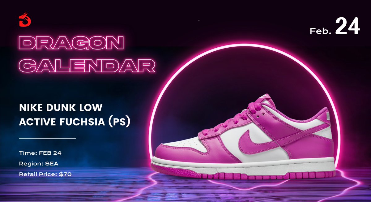 Dragon Calendar📅 The Nike Dunk Low Active Fuchsia will see a release on Feb 24! Dragoons are all already pumping their fists ✊🏻! Retweet + Join our waiting room! Three lucky winners will be picked for a key🔑 discord.gg/rTen3UGZV7