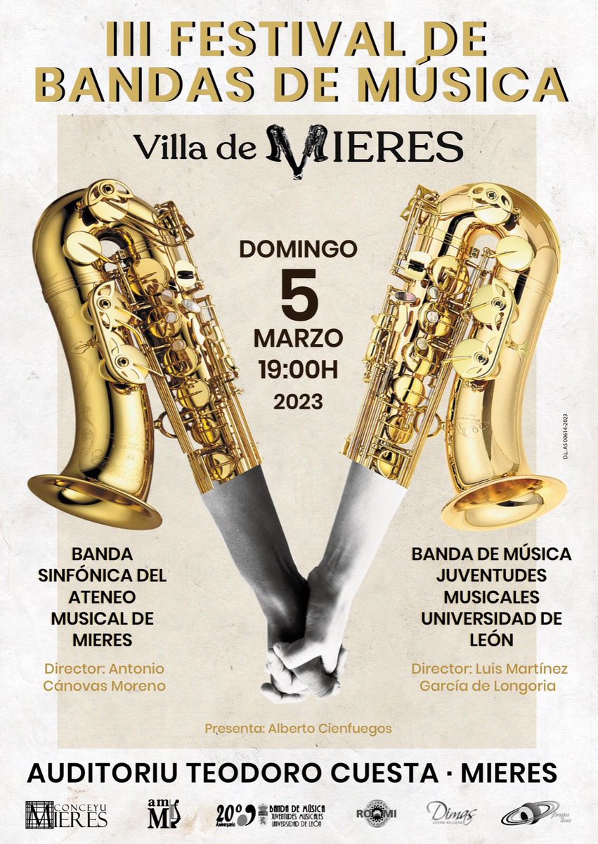 pablosiana's tweet photo. Ya esta aquí nuestro tercer festival de bandas!! @BandaMusMieres
🗓5 de marzo 2023
📍Auditorio Teodoro Cuesta de Mieres
⏰19:00
Si el tiempo lo permite habrá pasacalles por las calles céntricas de Mieres
No os lo perdáis!
#yosoydelateneo #mieres #asturias #concierto #tubanda https://t.co/W82FRRDSas