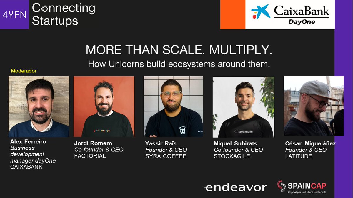 Nos vemos la semana el 28/2 en <a href="/4YFN_MWC/">4YFN</a> con dos paneles muy 🔝. Os esperamos en Agora Stage:
1. 13:00: "More than Scale. Multiply" donde hablaremos de #EfectoMultiplicador con <a href="/jordiromero/">Jordi Romero</a>, Yassir Rais, César Migueláñez y <a href="/miquel_subirats/">MiquelSubirats</a>, moderados por <a href="/Alex_Ferreiro/">Alex Ferreiro</a>