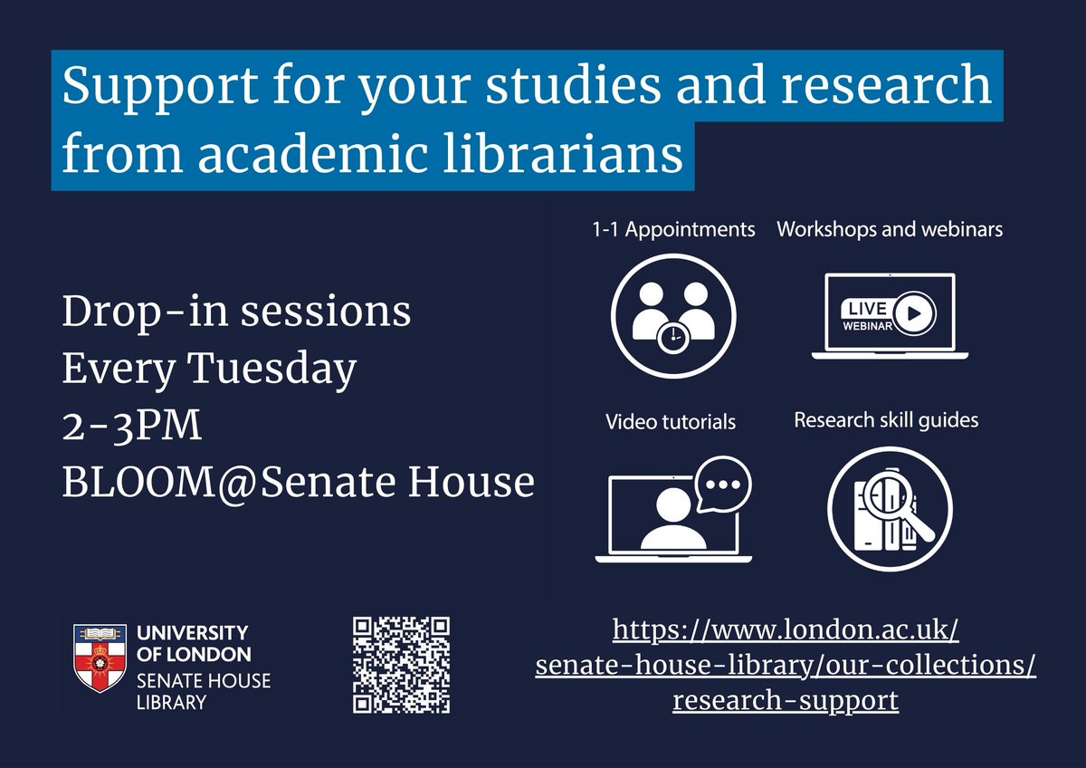 Need support for your studies and research from academic librarians? We'll be downstairs in BLOOM@Senate House between 2-3 PM every Tuesday in March to promote our Research Support Services. No need to sign up, come along and find out more! bit.ly/3XNYstQ