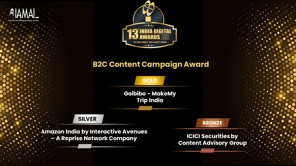 IAMAIForum's tweet photo. Recognizing excellence in the field of Technology Solution, we are thrilled to announce the winner of the 'B2C Content Campaign' at 13th India Digital Awards 2023.

#IndiaDigitalAwards #IDA2023 #13IDA #awards #digital #work #award #nominate #success #india #business #marketing https://t.co/8RWsy9UYLH
