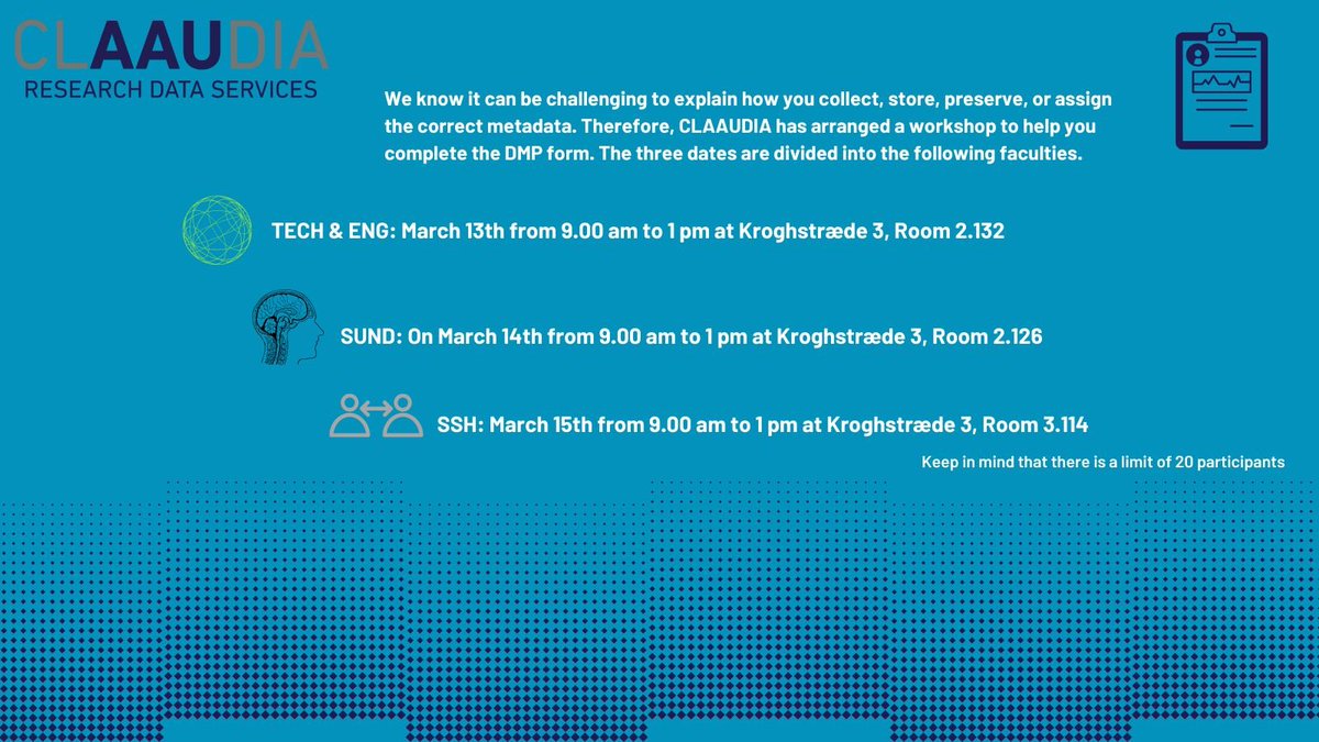 Finding it challenging to fill out a Data Management Plan?🤔
Then join CLAAUDIA's workshop dedicated to helping you figure out how to do it successfully.

Follow the link to sign up now:
TECH &amp; ENG events.aau.dk/event/data-man…
SUND events.aau.dk/event/data-man…
SSH events.aau.dk/event/data-man…